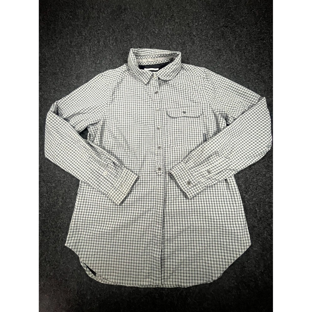 Columbia Omni-Shade Hiking Shirt Womens M Gray Gingham Curved Hem Long Sleeve